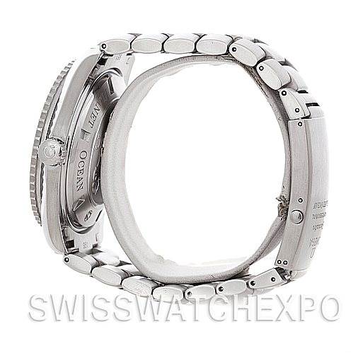 This image features a side view of an Omega Planet Ocean 2200.51.00 Men's Stainless Steel Black Dial 2200.51.00 Men's Stainless Steel Black Dial watch showing its case back, clasp, and stainless steel bracelet.