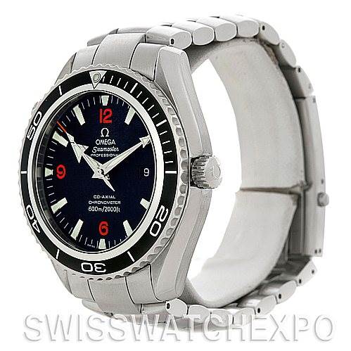 This image shows an Omega Seamaster Planet Ocean watch from a three-quarter angle, highlighting the face, bezel, crown, and bracelet.