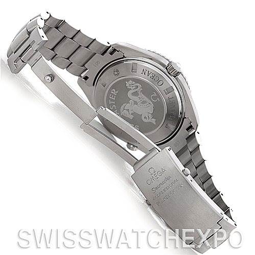 This image shows the back and clasp of the Omega Planet Ocean 2200.51.00 Men's Stainless Steel Black Dial 2200.51.00 Men's Stainless Steel Black Dial watch, highlighting its bracelet and engraved case back.