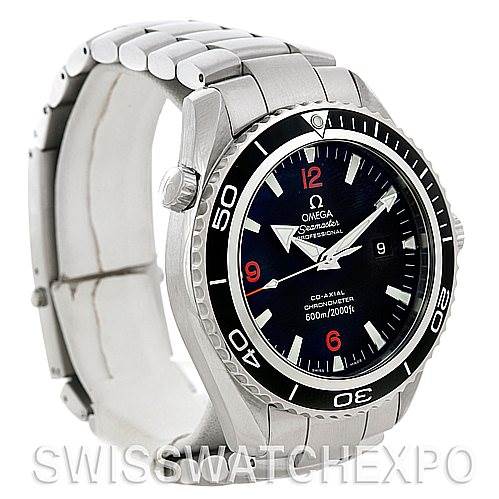 The image shows an angled side view of an Omega Planet Ocean 2200.51.00 Men's Stainless Steel Black Dial 2200.51.00 Men's Stainless Steel Black Dial watch, highlighting the bezel, dial, and bracelet.