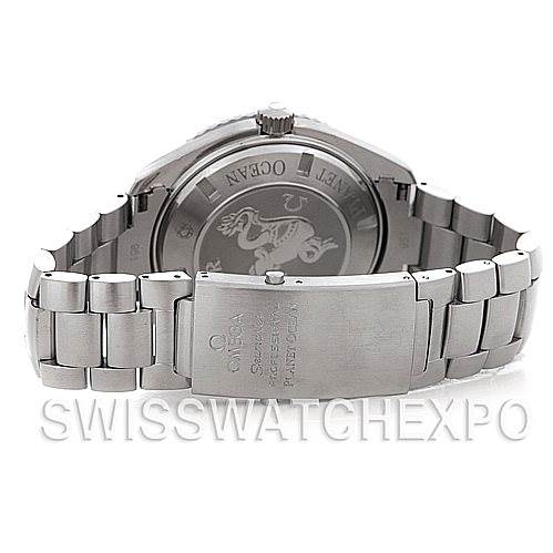 The image shows the back case and closed clasp of the Omega Planet Ocean 2200.51.00 Men's Stainless Steel Black Dial 2200.51.00 Men's Stainless Steel Black Dial watch, highlighting the bracelet and engraved case back.