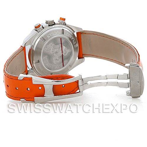 The image shows the back and side of an Omega Planet Ocean 2918.50.83 Men
s Stainless Steel Black Dial 2918.50.83 Men
s Stainless Steel Black Dial watch, highlighting the orange strap and clasp.