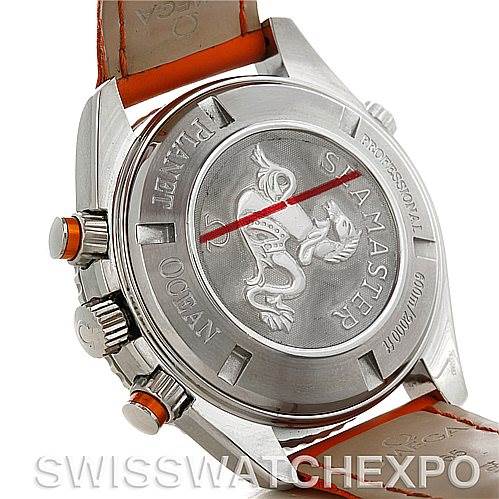 The image shows the back casing, side buttons, and strap of the Omega Planet Ocean 2918.50.83 Men
s Stainless Steel Black Dial 2918.50.83 Men
s Stainless Steel Black Dial watch at an angled view.