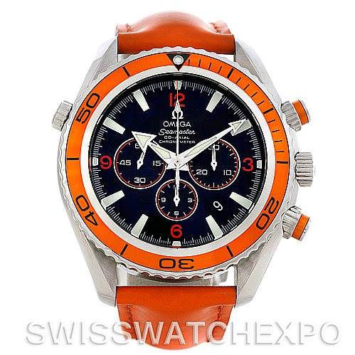 This image shows a front view of the Omega Planet Ocean 2918.50.83 Men
s Stainless Steel Black Dial 2918.50.83 Men
s Stainless Steel Black Dial watch, highlighting its orange bezel and strap, and three subdials.