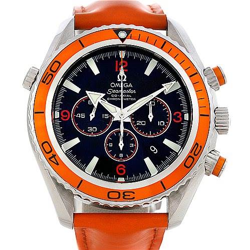 The image shows a front view of the Omega Planet Ocean 2918.50.83 Men
s Stainless Steel Black Dial 2918.50.83 Men
s Stainless Steel Black Dial model with an orange bezel and leather strap.