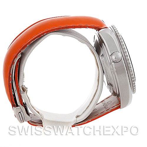 The image shows a side view of an Omega Planet Ocean 2918.50.83 Men
s Stainless Steel Black Dial 2918.50.83 Men
s Stainless Steel Black Dial watch, highlighting the orange strap, case, and crown.