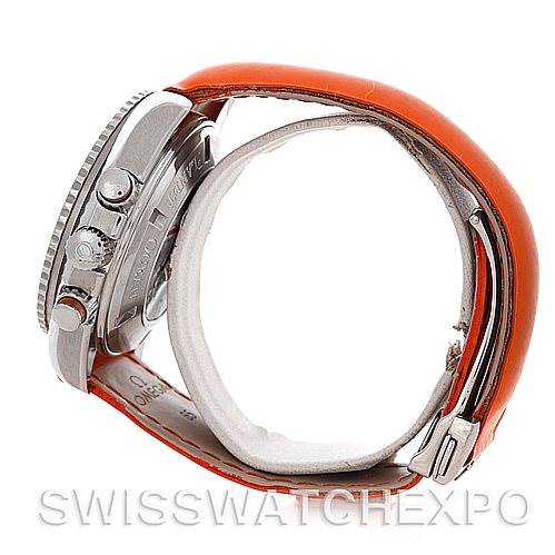 The image shows an Omega Planet Ocean 2918.50.83 Men
s Stainless Steel Black Dial 2918.50.83 Men
s Stainless Steel Black Dial watch from the side, displaying the crown, pushers, and orange strap.