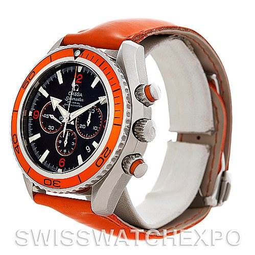 The image shows a side angle of the Omega Planet Ocean 2918.50.83 Men
s Stainless Steel Black Dial 2918.50.83 Men
s Stainless Steel Black Dial watch, highlighting the bezel, crown, and orange strap.