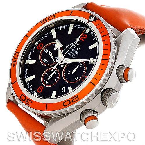 The image shows an angled view of an Omega Planet Ocean 2918.50.83 Men
s Stainless Steel Black Dial 2918.50.83 Men
s Stainless Steel Black Dial watch, displaying its orange bezel, dial, crown, and pushers.