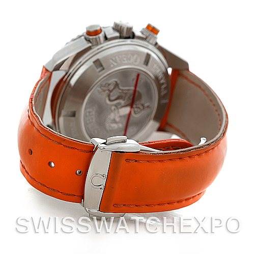 The image shows the back case and orange leather strap of an Omega Planet Ocean 2918.50.83 Men
s Stainless Steel Black Dial 2918.50.83 Men
s Stainless Steel Black Dial watch.
