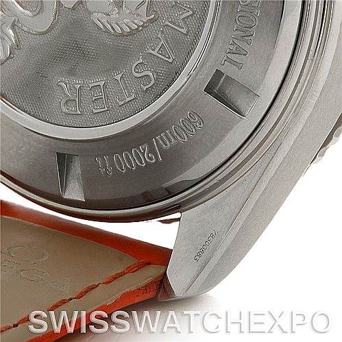 This image shows a close-up of the case back and part of the strap of the Omega Planet Ocean 2918.50.83 Men
s Stainless Steel Black Dial 2918.50.83 Men
s Stainless Steel Black Dial watch.