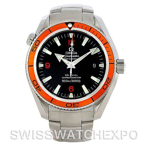 The image shows the Omega Planet Ocean 2209.50.00 Men
s Stainless Steel Black Dial 2209.50.00 Men
s Stainless Steel Black Dial watch from a front angle, highlighting its bezel, dial, bracelet, and crown.