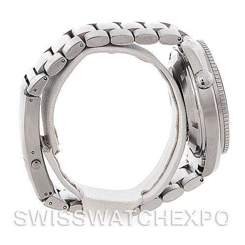 The image shows a side view of the Omega Planet Ocean 2209.50.00 Men
s Stainless Steel Black Dial 2209.50.00 Men
s Stainless Steel Black Dial watch, highlighting its bracelet and case.