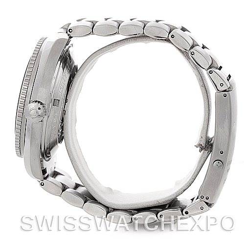 The image shows a side view of the Omega Planet Ocean 2209.50.00 Men
s Stainless Steel Black Dial 2209.50.00 Men
s Stainless Steel Black Dial watch, focusing on the case, crown, and stainless steel bracelet.