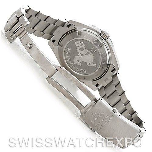 The image shows the back and clasp of an Omega Planet Ocean 2209.50.00 Men
s Stainless Steel Black Dial 2209.50.00 Men
s Stainless Steel Black Dial watch, highlighting the bracelet and engraved case back.