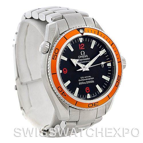 The image shows a front and left side view of the Omega Planet Ocean 2209.50.00 Men
s Stainless Steel Black Dial 2209.50.00 Men
s Stainless Steel Black Dial watch, highlighting its orange bezel and stainless steel bracelet.