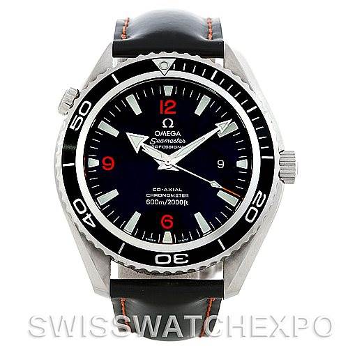 The image shows a front view of an Omega Planet Ocean 2900.51.82 Men's Stainless Steel Black Dial 2900.51.82 Men's Stainless Steel Black Dial watch, highlighting the dial, bezel, and part of the leather strap.