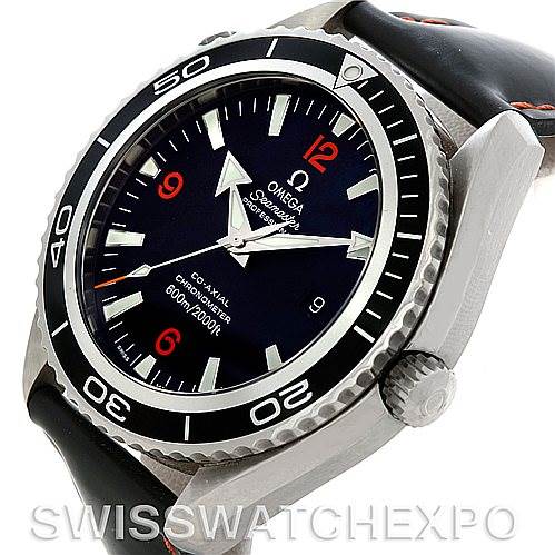 The Omega Planet Ocean 2900.51.82 Men's Stainless Steel Black Dial 2900.51.82 Men's Stainless Steel Black Dial watch is shown at a slight side angle, highlighting the bezel, dial, crown, and part of the strap.