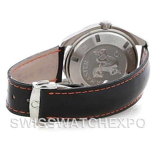 The image shows the back case and the leather strap of an Omega Planet Ocean 2900.51.82 Men's Stainless Steel Black Dial 2900.51.82 Men's Stainless Steel Black Dial watch.