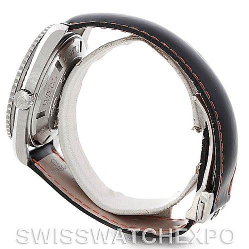 The image shows a side angle of the Omega Planet Ocean 2900.51.82 Men's Stainless Steel Black Dial 2900.51.82 Men's Stainless Steel Black Dial watch focusing on the side case, crown, and leather strap with red stitching.