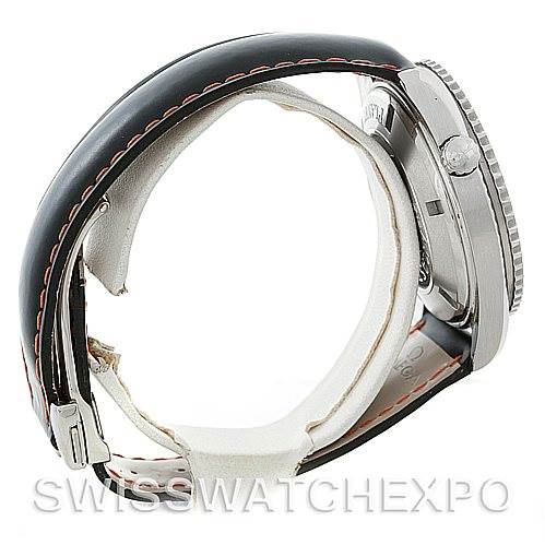 The image shows a side view of the Omega Planet Ocean 2900.51.82 Men's Stainless Steel Black Dial 2900.51.82 Men's Stainless Steel Black Dial watch, highlighting the crown, case, and strap with its stitching detail.