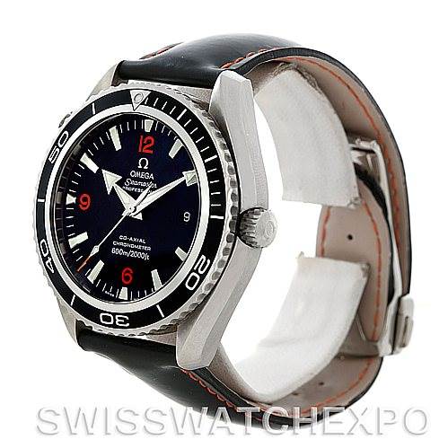 The Omega Planet Ocean 2900.51.82 Men's Stainless Steel Black Dial 2900.51.82 Men's Stainless Steel Black Dial watch is shown at an angled front view, highlighting the face, bezel, crown, and part of the strap.