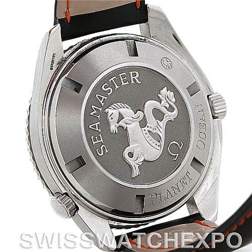 This image shows the case back of the Omega Planet Ocean 2900.51.82 Men's Stainless Steel Black Dial 2900.51.82 Men's Stainless Steel Black Dial watch, featuring the "Seamaster" engraving and emblem.