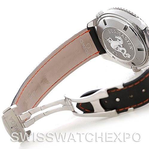 The image shows a side view of the Omega Planet Ocean 2900.51.82 Men's Stainless Steel Black Dial 2900.51.82 Men's Stainless Steel Black Dial watch, displaying its case back, strap, and clasp.