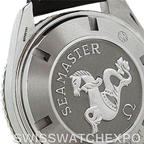 The image shows the case back of the Omega Planet Ocean 2900.51.82 Men's Stainless Steel Black Dial 2900.51.82 Men's Stainless Steel Black Dial watch model, displaying the engraved Seahorse logo and "Seamaster" text.