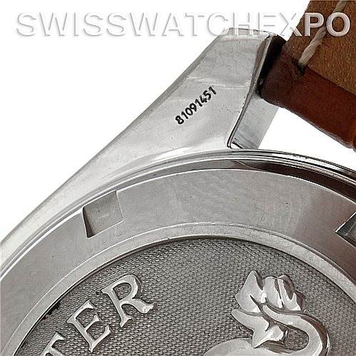 The image shows the case back and part of the brown leather strap of an Omega Planet Ocean 2909.50.83 Men's Stainless Steel Black Dial 2909.50.83 Men's Stainless Steel Black Dial watch.