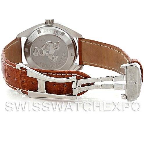 The image shows the back of the Omega Planet Ocean 2909.50.83 Men's Stainless Steel Black Dial 2909.50.83 Men's Stainless Steel Black Dial watch and its brown leather strap with a deployant clasp.