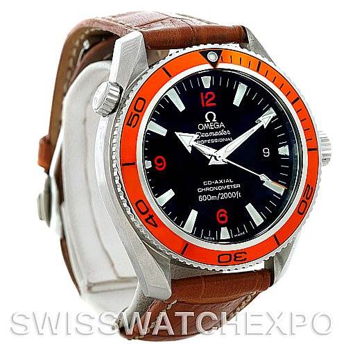 The Omega Planet Ocean 2909.50.83 Men's Stainless Steel Black Dial 2909.50.83 Men's Stainless Steel Black Dial watch is shown at a slight side angle, displaying the face, crown, orange bezel, and brown leather strap.
