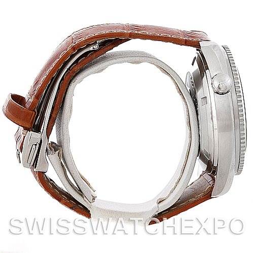 The image shows a side view of the Omega Planet Ocean 2909.50.83 Men's Stainless Steel Black Dial 2909.50.83 Men's Stainless Steel Black Dial watch, highlighting the case, bezel, crown, and leather strap.