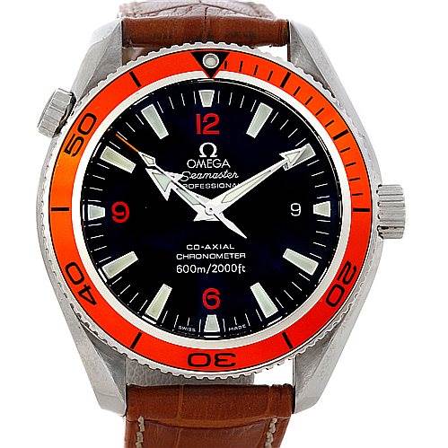 The Omega Planet Ocean 2909.50.83 Men's Stainless Steel Black Dial 2909.50.83 Men's Stainless Steel Black Dial watch is shown from the front, displaying the face, bezel, and part of the leather strap.