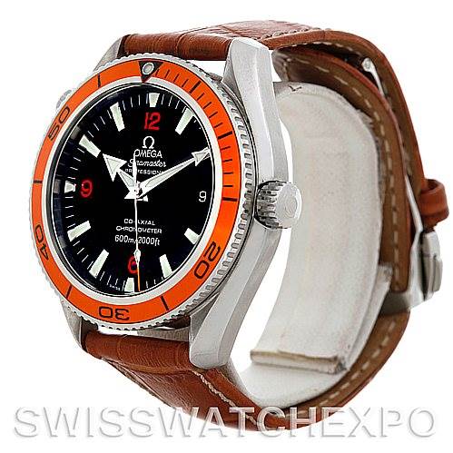 This Omega Planet Ocean 2909.50.83 Men's Stainless Steel Black Dial 2909.50.83 Men's Stainless Steel Black Dial watch is shown at an angle displaying the side profile, dial, bezel, crown, and leather strap.