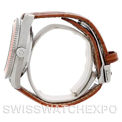 The Omega Planet Ocean 2909.50.83 Men's Stainless Steel Black Dial 2909.50.83 Men's Stainless Steel Black Dial model is shown in a side view, highlighting the case, bezel, crown, and leather strap.