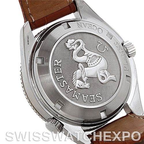 This image shows the back case of an Omega Planet Ocean 2909.50.83 Men's Stainless Steel Black Dial 2909.50.83 Men's Stainless Steel Black Dial watch, featuring the Seamasters' engraving.