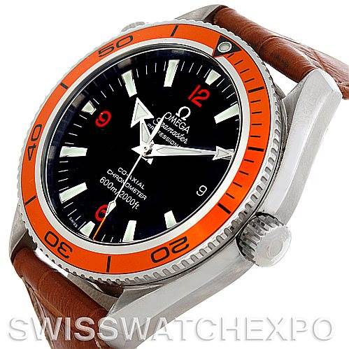 This image shows the Omega Planet Ocean 2909.50.83 Men's Stainless Steel Black Dial 2909.50.83 Men's Stainless Steel Black Dial watch at an oblique angle, highlighting the orange bezel, dial, crown, and brown strap.