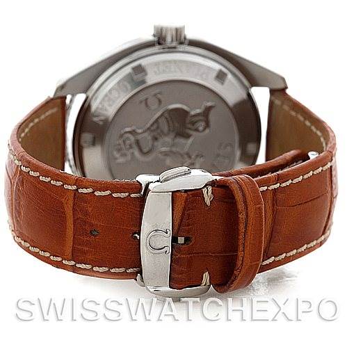 The image shows the back of an Omega Planet Ocean 2909.50.83 Men's Stainless Steel Black Dial 2909.50.83 Men's Stainless Steel Black Dial watch with a brown leather strap and a buckle clasp.