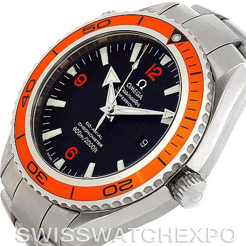 The image shows an angled view of the Omega Planet Ocean 2208.50.00 Men's Stainless Steel Black Dial 2208.50.00 Men's Stainless Steel Black Dial watch, highlighting its face, bezel, and part of its bracelet.