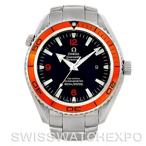The image shows a front view of the Omega Planet Ocean 2208.50.00 Men's Stainless Steel Black Dial 2208.50.00 Men's Stainless Steel Black Dial watch, highlighting its orange bezel and stainless steel bracelet.