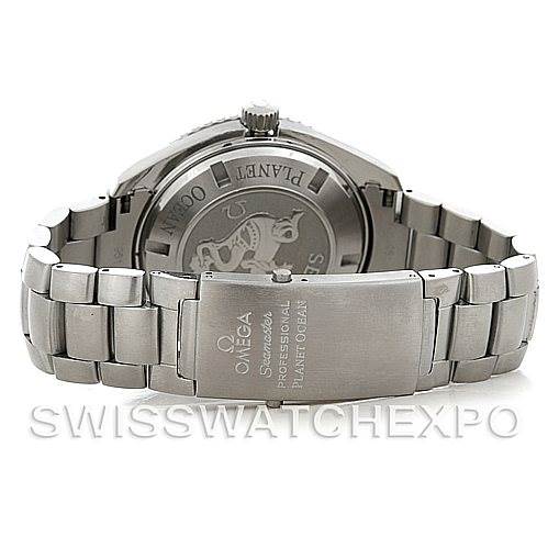 The image shows the back view of an Omega Planet Ocean 2208.50.00 Men's Stainless Steel Black Dial 2208.50.00 Men's Stainless Steel Black Dial watch, highlighting its bracelet, clasp, and case back.