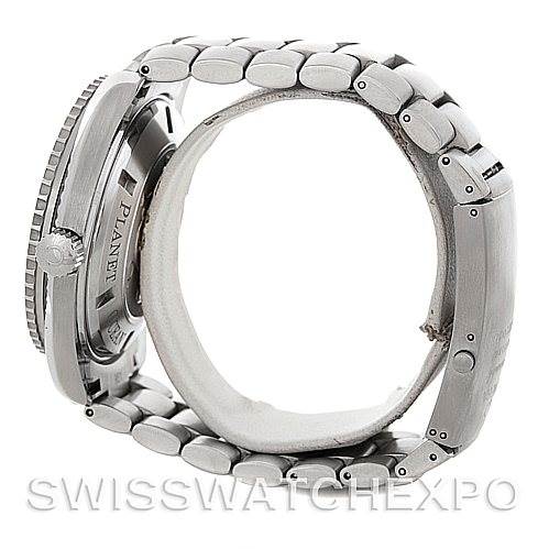 The image shows a side view of the Omega Planet Ocean 2208.50.00 Men's Stainless Steel Black Dial 2208.50.00 Men's Stainless Steel Black Dial watch displaying its case back, crown, and bracelet.