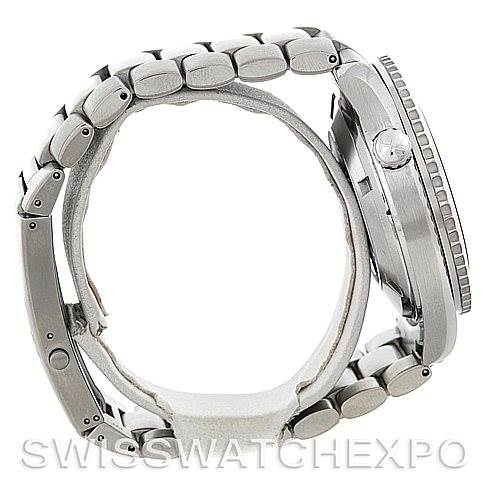 This image shows a side view of the Omega Planet Ocean 2208.50.00 Men's Stainless Steel Black Dial 2208.50.00 Men's Stainless Steel Black Dial watch, focusing on the band and the case profile.