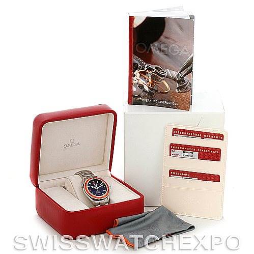 The Omega Planet Ocean 2208.50.00 Men's Stainless Steel Black Dial 2208.50.00 Men's Stainless Steel Black Dial watch is displayed inside its box, accompanied by instruction booklets and certification cards.