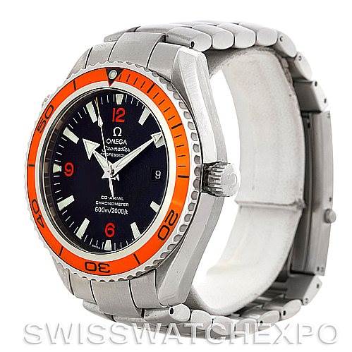 The image shows the Omega Planet Ocean 2208.50.00 Men's Stainless Steel Black Dial 2208.50.00 Men's Stainless Steel Black Dial watch at an angle displaying the face, bezel, crown, and part of the bracelet.