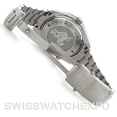 The image shows the back case and open clasp of the Omega Planet Ocean 2208.50.00 Men's Stainless Steel Black Dial 2208.50.00 Men's Stainless Steel Black Dial watch, highlighting its bracelet and case back details.