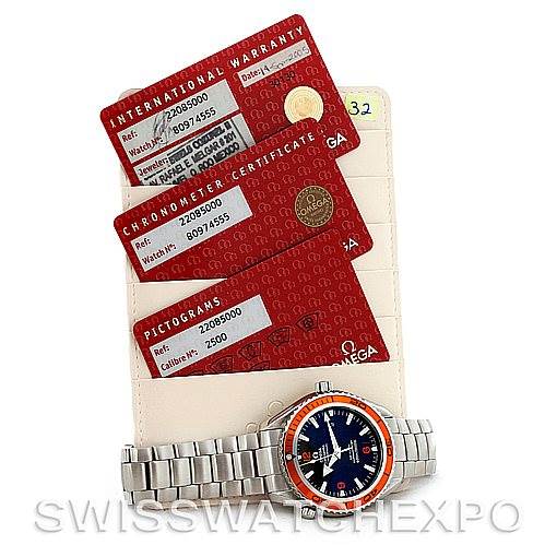 The Planet Ocean model by Omega is shown with its bracelet and three identification cards.