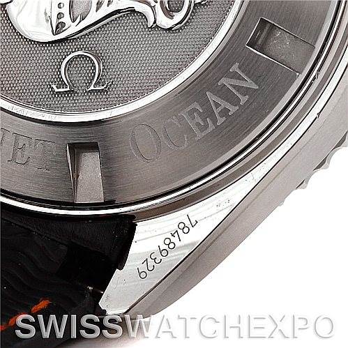 This image shows the engraved case back of the Omega Planet Ocean 2918.50.82 Men's Stainless Steel Black Dial 2918.50.82 Men's Stainless Steel Black Dial watch, displaying the brand logo and part of the model name.