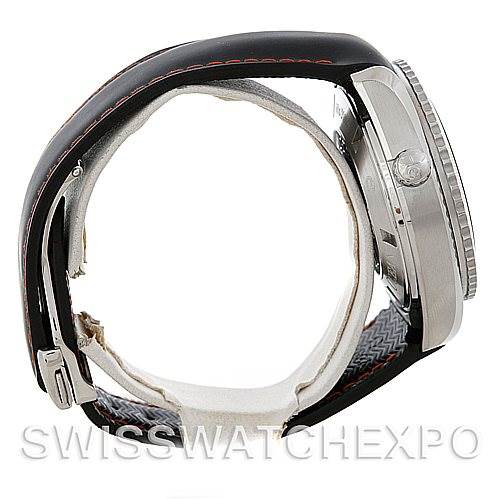 The image shows a side profile view of an Omega Planet Ocean 2918.50.82 Men's Stainless Steel Black Dial 2918.50.82 Men's Stainless Steel Black Dial watch, highlighting the bezel, crown, and strap detail.